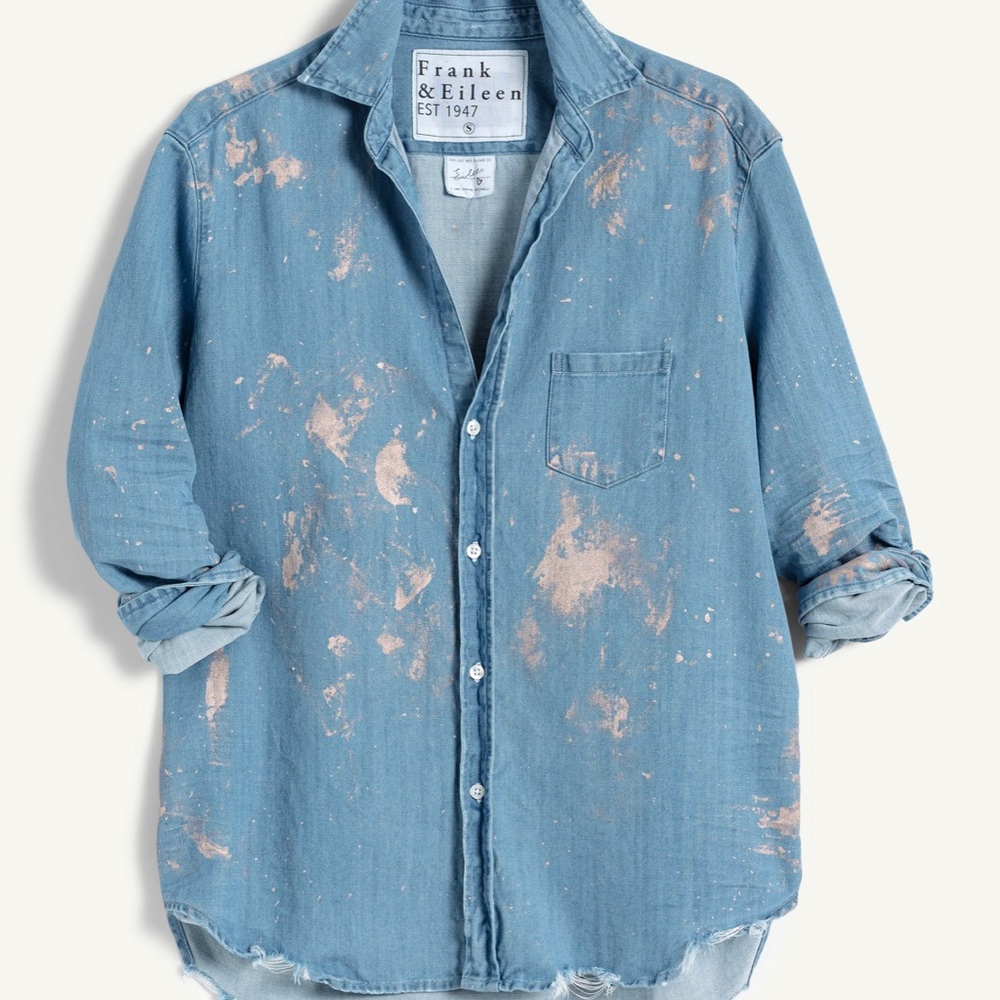 Frank & Eileen Relaxed Button-Up Shirt in Rose Gold Splatter Denim Large